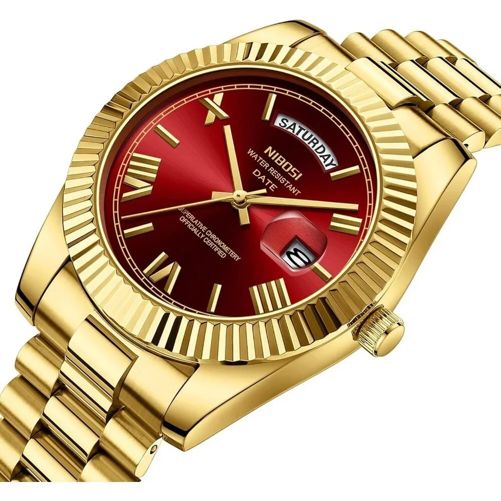Men's Gold Red Stainless Steel Analog Classic Design Stylish Wrist Dress Watch